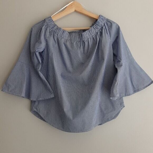 LORD & TAYLOR Bell Sleeve Top Scoop / Off Shoulder Blue & White Stripe Sz XS - Picture 9 of 14